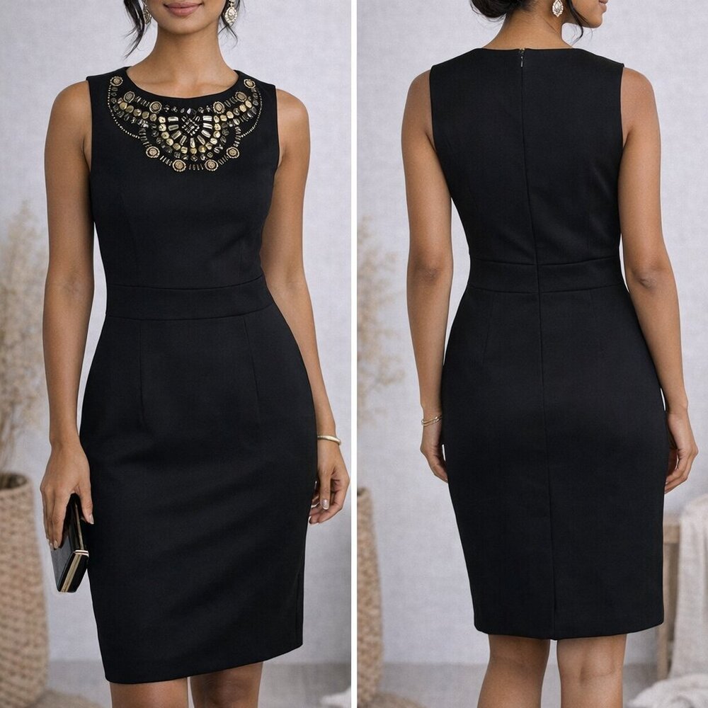 Lux II Petite Black Embellished Sheath Dress Size 8P